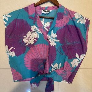 Vintage Hilo Hattie Teal, Purple & Pink Floral Hawaiian Tie-Front Crop Top